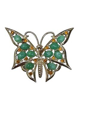 Vtg Butterfly Brooch Green Amber Rhinestones Silver Tone Marcel Boucher MX236